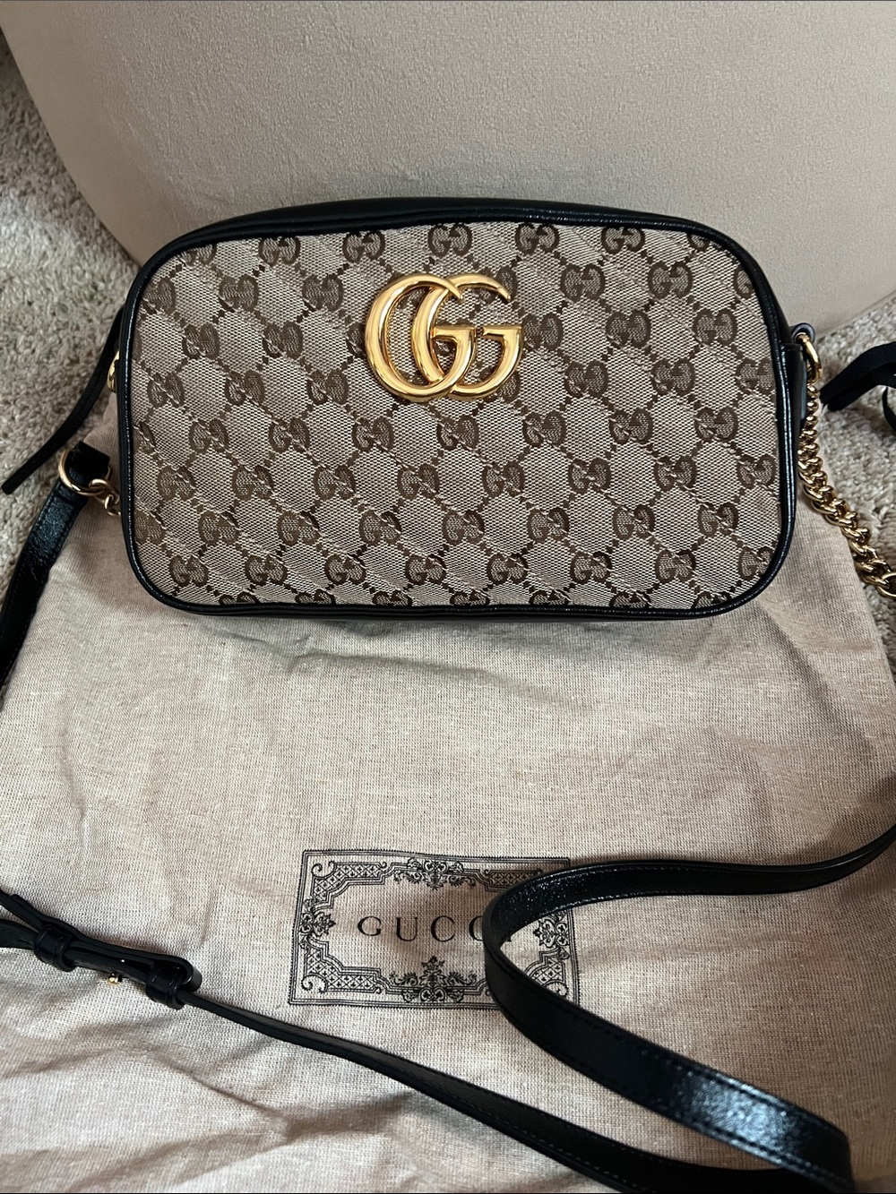 Gucci GG Supreme Beige and Black Crossbody with Gold Hardware